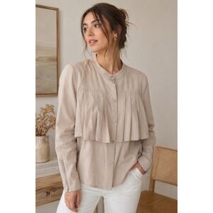 Sensemill Pleated Button Front Blouse Top Zip Cuff Beige Women's Medium Boho‎